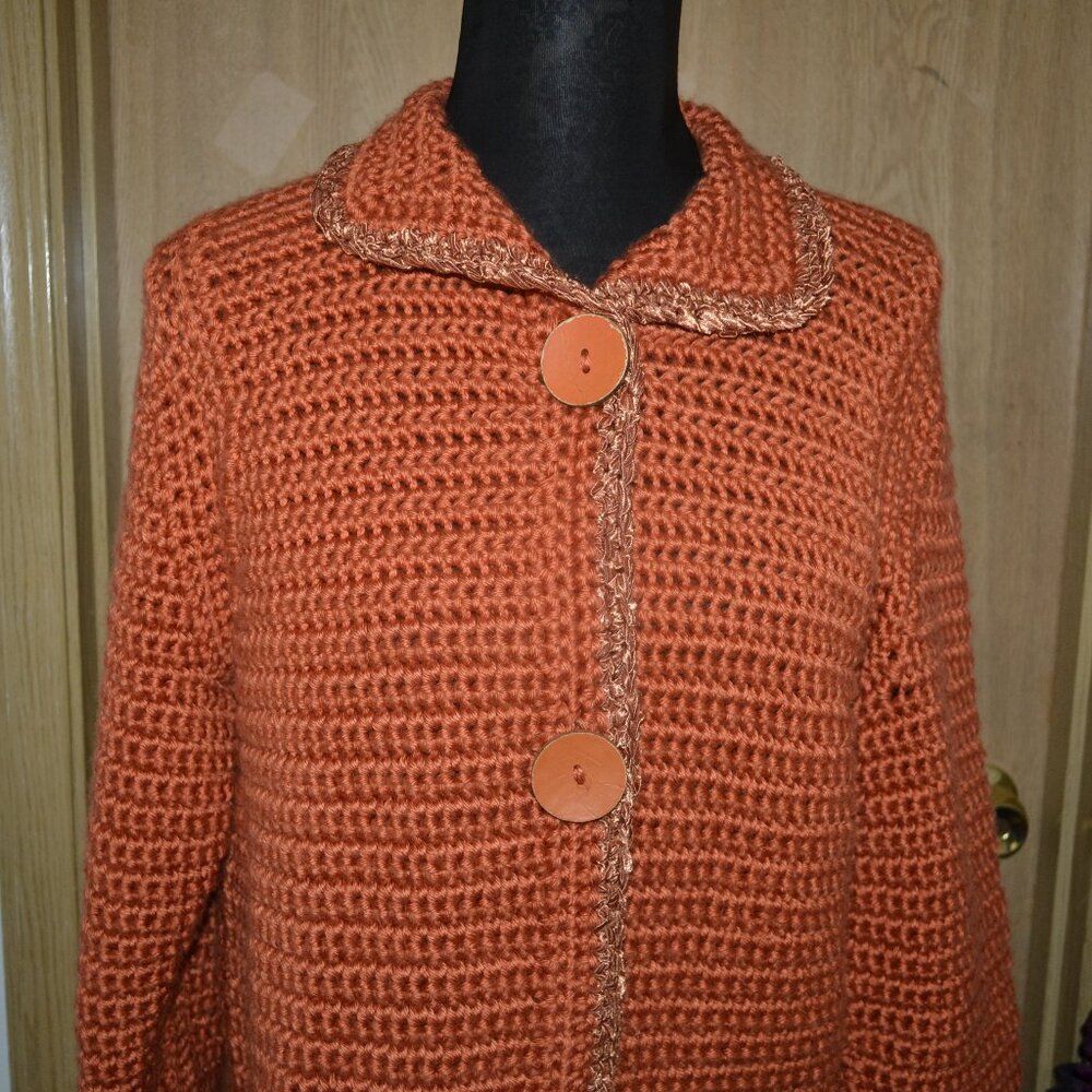 Orange Handmade Heavy Chunky Knit Cardigan Cottage-core Grandmacore Cardigan - Picture 3 of 15